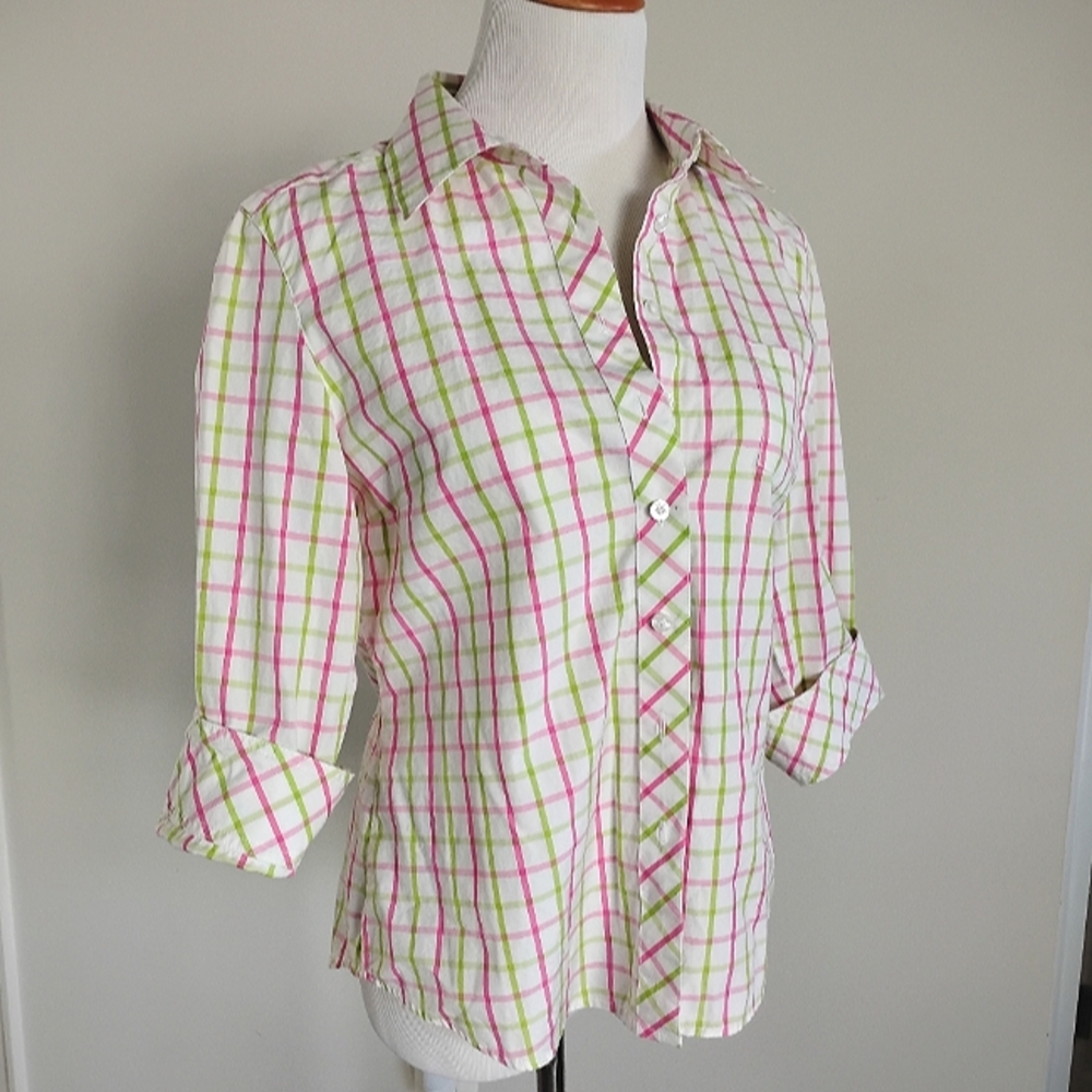 Lilly Pulitzer Vintage Pink Green Plaid Button Down Shirt Top Women Size 10
